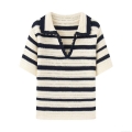 Women's Retro Striped Knit Polo T-Shirt Hollow Out Crochet Short Sleeve V-Neck Casual Top Soft Breathable Polyester Summer Autumn Knitwear