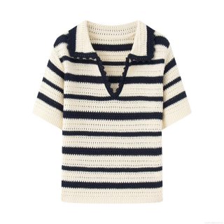 Women's Retro Striped Knit Polo T-Shirt Hollow Out Crochet Short Sleeve V-Neck Casual Top Soft Breathable Polyester Summer Autumn Knitwear
