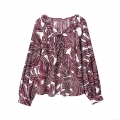 Women's Elegant Floral Print Long Sleeve Blouse Polyester Spandex Ruffle Neck Tie Casual Pullover Top Autumn Fashion Shirt