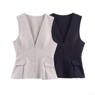 Women's Elegant V-Neck Sleeveless Vest Peplum Hem Polyester Slim Fit Waistcoat Zipper Front Office Lady Commuter Fashion Top
