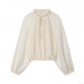 Women Sweet Ruffle Stand Collar Pleated Blouse Off-White Lantern Sleeve Tie Neck Loose Tencel Top Casual Long Sleeve Blouse For Women