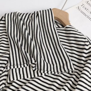 Women's Striped Knit Long Sleeve T-Shirt With Scarf 100% Cotton Casual Loose Fitting Top For Daily Wear Minimalist Style Autumn Fashion