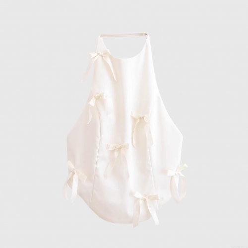 Women Elegant White Halter Backless Top With Multiple Bow Decor Satin Polyester Sleeveless Short Tank Top For Party Clubwear