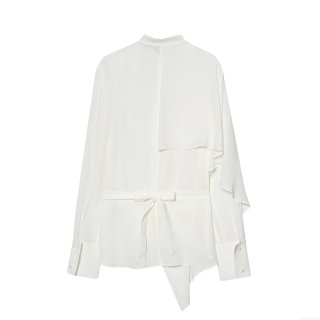 Women's Elegant Asymmetrical White Blouse Polyester Silk Texture Long Sleeve Shirt With Back Bow Tie For Casual Party Office Lady Tops