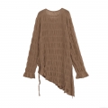Women's Pleated Long Sleeve T-Shirt Solid Color Knit Top With Side Drawstring Asymmetric Hem Crew Neck Casual Elegant Polyester Spandex Blouse