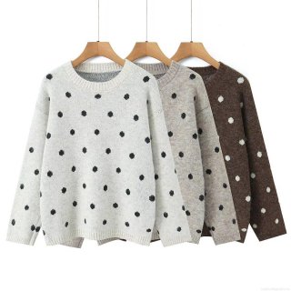 Women's Loose Polka Dot Pullover Sweater Round Neck Long Sleeve Knit Top Polyester Regenerated Cellulose Fiber Casual Warm Knitwear