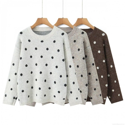 Women's Loose Polka Dot Pullover Sweater Round Neck Long Sleeve Knit Top Polyester Regenerated Cellulose Fiber Casual Warm Knitwear