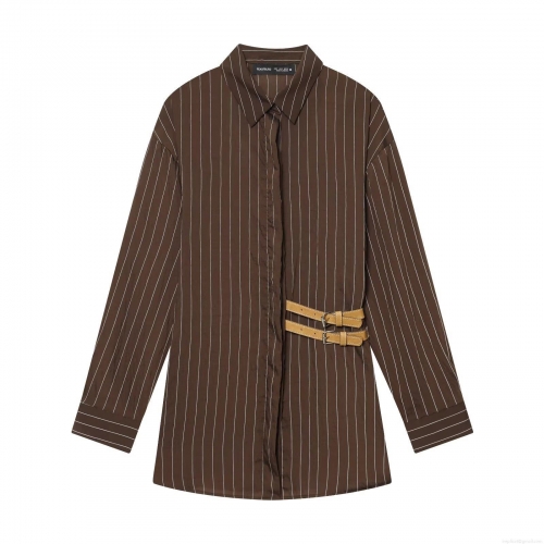 Women's Long Sleeve Vertical Striped Shirt Chic Casual Cotton Nylon Blend Blouse With Side Buckle Details Button Down Lapel Top