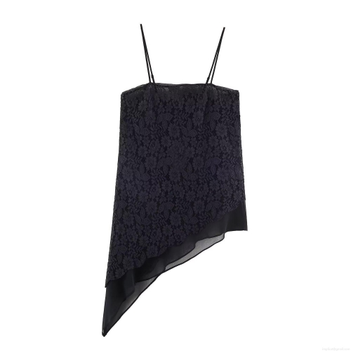 Women's Sexy Lace Asymmetrical Hem Camisole Top Floral Embroidery Hollow Out Sheer Sleeveless Tank Top For Summer Party Clubwear