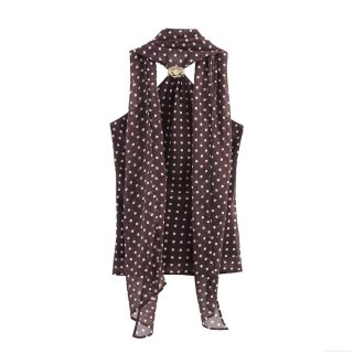 Women Sexy Polka Dot Halter Top Sleeveless Chiffon Scarf Neck Blouse With Gold Metal Ring Backless Summer Fall Elegant Casual Tops For Ladies