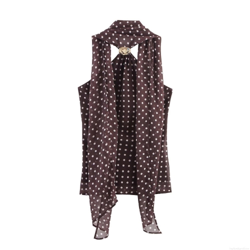 Women Sexy Polka Dot Halter Top Sleeveless Chiffon Scarf Neck Blouse With Gold Metal Ring Backless Summer Fall Elegant Casual Tops For Ladies