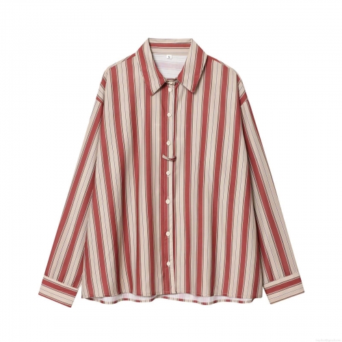 Women's Casual Striped Long Sleeve Shirt Loose Button Down Blouse With Back Strap Detail Polyester Cotton Stripe Top For Autumn Daily Office Wear