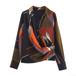 Women's Vintage Geometric Print Long Sleeve Blouse Casual Loose V-Neck Polyester Shirt With Metal Buttons For Daily Autumn Fashion