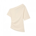 Women One Shoulder Ruched Satin Blouse Asymmetric Neck Short Sleeve Top Elegant Cream White Pullover Shirt For Party Dating Casual Wear