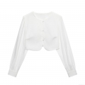 Women Sexy Crop Blouse Long Sleeve Round Neck Curved Hem Satin Shirt Elegant Solid Color Single Breasted Lantern Sleeve Top For Women Casual Party Fashion