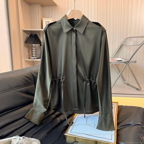 Women's Elegant Satin Long Sleeve Blouse Drawstring Waist Shirt With Epaulettes Solid Color Viscose Blend Office Commuter Top Women's Elegant Satin Long Sleeve Blouse Drawstring Waist Shirt With Epaulettes Solid Color Viscose Blend Office Commuter Top