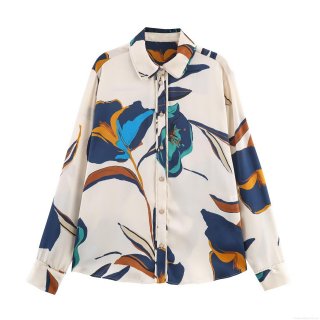 Elegant Floral Print Women's Satin Blouse Long Sleeve Turn-Down Collar Button Up Shirt Casual Comfortable Top For Autumn Daily Wear