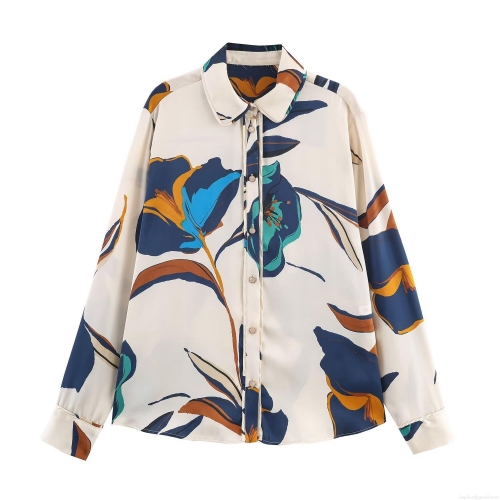 Elegant Floral Print Women's Satin Blouse Long Sleeve Turn-Down Collar Button Up Shirt Casual Comfortable Top For Autumn Daily Wear