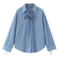 Women Striped Long Sleeve Blouse Bow Tie Neck Casual Loose Shirt For Daily Office Fashion Polyester Spandex Blend Striped Top