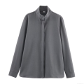 Women Stand Collar Shirt Long Sleeve Casual Loose Solid Color Polyester Spandex Blouse Autumn Minimalist Fashion Office Lady Top