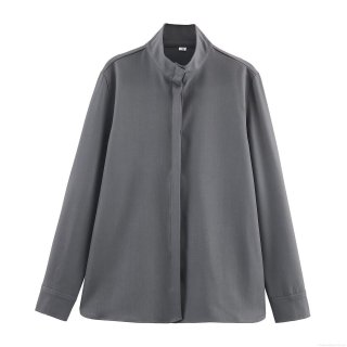 Women Stand Collar Shirt Long Sleeve Casual Loose Solid Color Polyester Spandex Blouse Autumn Minimalist Fashion Office Lady Top