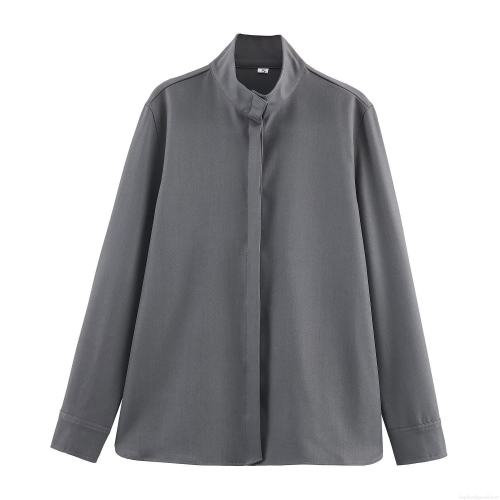 Women Stand Collar Shirt Long Sleeve Casual Loose Solid Color Polyester Spandex Blouse Autumn Minimalist Fashion Office Lady Top