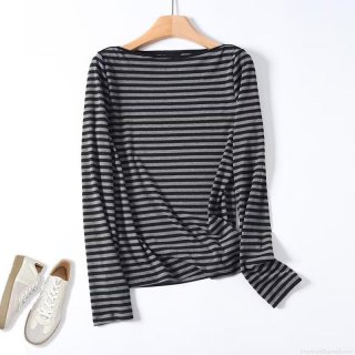 Women Striped Long Sleeve T-Shirt Rayon Polyester Blend Boat Neck Casual Loose Pullover Top Autumn Winter Soft Breathable Shirt Ladies
