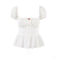 Women's Milkmaid Crop Top Square Neck Puff Sleeve Ruffle Hem Polyester Blouse With Rose Embroidery Lace-Up Back Sweet French Style Shirt For Women