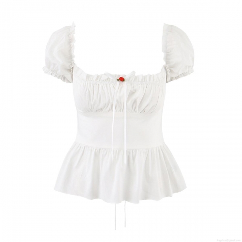 Women's Milkmaid Crop Top Square Neck Puff Sleeve Ruffle Hem Polyester Blouse With Rose Embroidery Lace-Up Back Sweet French Style Shirt For Women