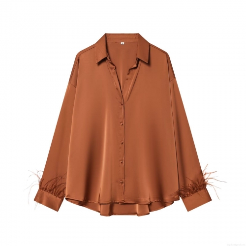 Elegant Women's Satin Blouse With Feather Trim Cuffs Long Sleeve Turn-Down Collar Button Down Shirt For Party Club Celebrity Style Solid Color Tops