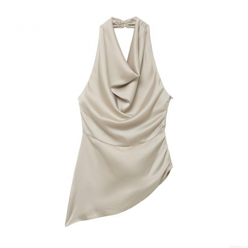 Elegant Satin Cowl Neck Halter Top For Women Sexy Asymmetric Hem Silk Like Sleeveless Backless Blouse For Party Evening Clubwear