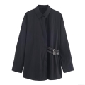 Women Autumn Minimalist Long Sleeve Poplin Shirt With Side Metal Buckle Belt Decor Loose Casual Polo Collar Blouse Tops