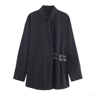 Women Autumn Minimalist Long Sleeve Poplin Shirt With Side Metal Buckle Belt Decor Loose Casual Polo Collar Blouse Tops
