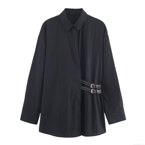 Women Autumn Minimalist Long Sleeve Poplin Shirt With Side Metal Buckle Belt Decor Loose Casual Polo Collar Blouse Tops