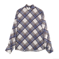 Women Plaid Mock Neck Long Sleeve Shirt Casual Polyester Blend Pullover Blouse Elegant Winter Office Wear Top With Back Button Closure