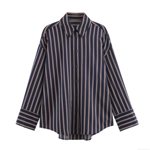 Women's Casual Vertical Striped Long Sleeve Shirt Polyester Spandex Blend Turn-down Collar Single Breasted Loose Fit Blouse For Office Daily Wear