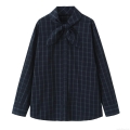 Women's Plaid Poplin Shirt Casual Long Sleeve Stand Collar Bow Tie Neck Loose Blouse Cotton Blend Check Pattern Top For Daily Wear