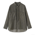 Women's Striped Tie Neck Blouse Casual Long Sleeve Polyester Spandex Shirt With Front Pockets Relaxed Fit Button Down Work Top For Spring Winter