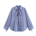 Women Fashion Striped Bow Tie Neck Blouse Long Sleeve Loose Fit Casual Button Down Shirt For Office Daily Wear Polyester Spandex Poplin Top