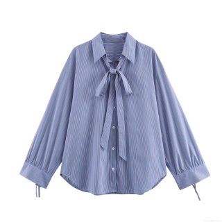 Women Fashion Striped Bow Tie Neck Blouse Long Sleeve Loose Fit Casual Button Down Shirt For Office Daily Wear Polyester Spandex Poplin Top