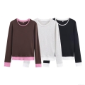Women's Fashion Contrast Color Fake Two-Piece Long Sleeve T-Shirt Cotton Blend Casual Round Neck Minimalist Autumn Winter Slim Fit Basic Top for Daily Commuting