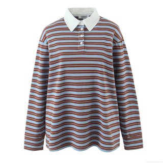 Women's Striped Polo Shirt Long Sleeve V-Neck Cotton Blend Knit Top Casual Preppy Style Pullover Fashion Tee For Ladies Autumn Daily Wear