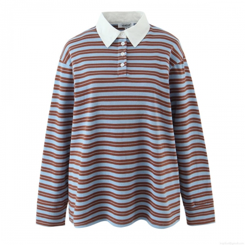 Women's Striped Polo Shirt Long Sleeve V-Neck Cotton Blend Knit Top Casual Preppy Style Pullover Fashion Tee For Ladies Autumn Daily Wear