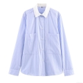 Women's Striped Long Sleeve Shirt Contrast Collar Button Down Blouse With Double Pockets Relaxed Fit Casual Top For Daily Wear Office Work Fall Winter Polyester Poplin