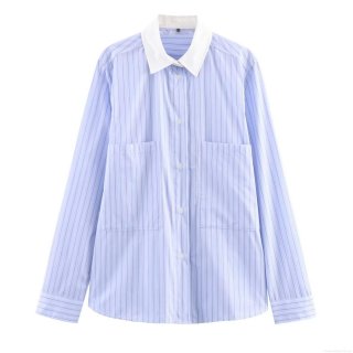 Women's Striped Long Sleeve Shirt Contrast Collar Button Down Blouse With Double Pockets Relaxed Fit Casual Top For Daily Wear Office Work Fall Winter Polyester Poplin