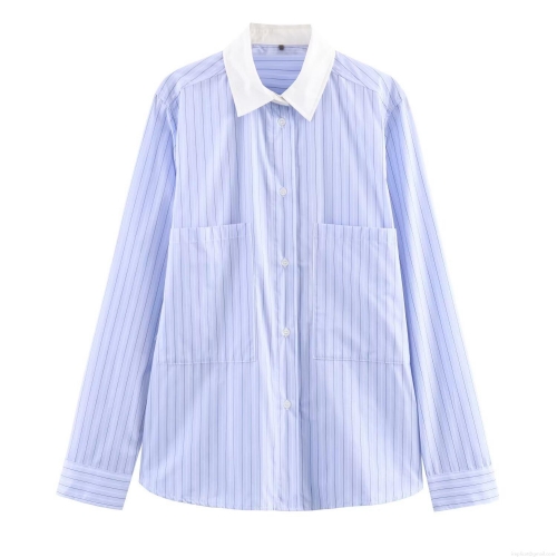 Women's Striped Long Sleeve Shirt Contrast Collar Button Down Blouse With Double Pockets Relaxed Fit Casual Top For Daily Wear Office Work Fall Winter Polyester Poplin
