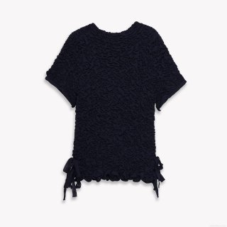 Women's Popcorn Texture Short Sleeve T-Shirt Fashion Round Neck Ruched Top With Side Drawstring Stretchy Solid Color Casual Tee