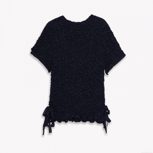 Women's Popcorn Texture Short Sleeve T-Shirt Fashion Round Neck Ruched Top With Side Drawstring Stretchy Solid Color Casual Tee