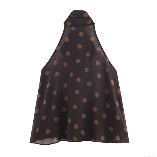 Women's Sexy Polka Dot Halter Top Backless Chiffon Mesh Sleeveless Blouse With Bow Tie Neck For Summer Party Casual Dating Fashion