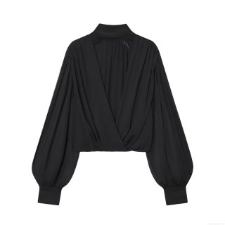 Women's Elegant Black Pleated Chiffon Blouse Long Sleeve Lantern Sleeve Bow Tie Back Stand Collar V Neck Casual Fashion Top For Party Office Lady